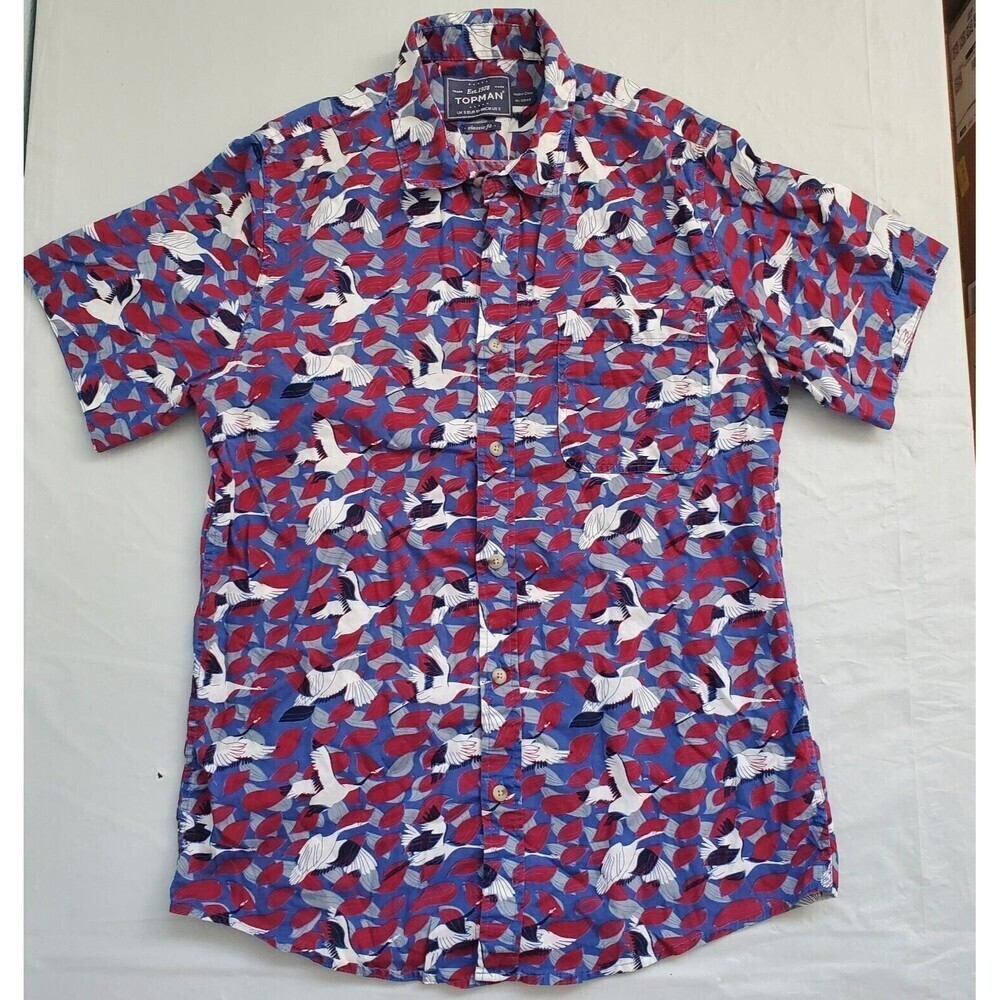 Topman Shirt Cranes All Over Graphic Colorful Button Up Shirt Men's Small